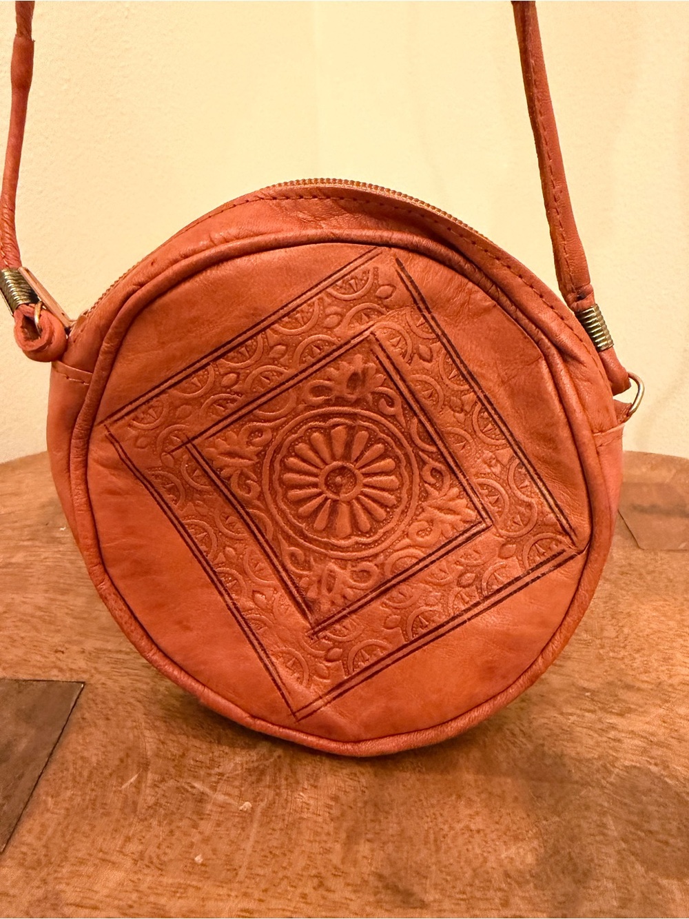 Hand Tooled Genuine Leather Round Crossbody Canteen Bag